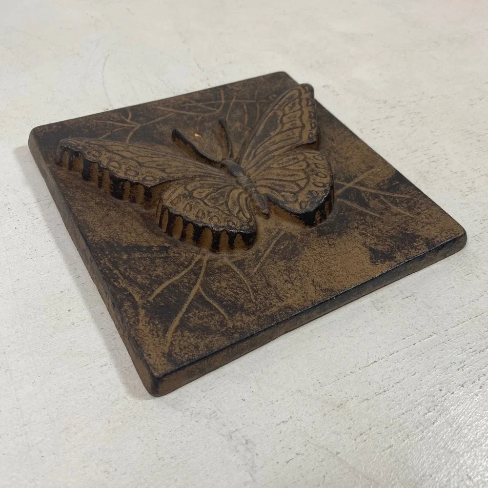 Cast Iron Butterfly Wall Tile Plaque Rustic Brown Garden Decor 6in